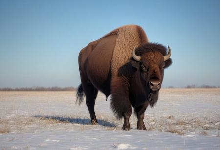 very realistic photograph of plains bison in a snowy field, blue sky background with cirrus cloud and slightly hidden sun