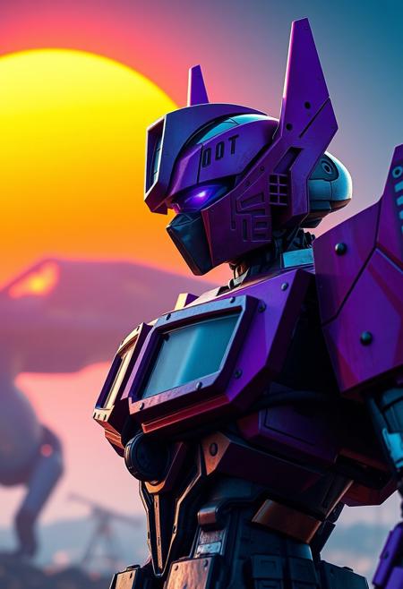 Female Robot, Purple and black Optimus Prime cowboy shot cinematic photograph with an orange and blue synthwave sun background. Slightly turned. Dragon theme.