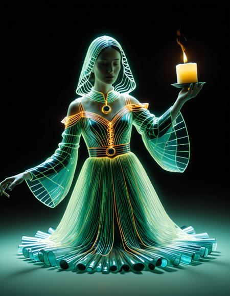 , masterpiece, best quality, newest, absurdres, highres, high detail, safe, very aesthetic, artist:takada_akemi, from side, Lanterns or candles for a warm and cozy setting (Lantern/Candle Light)., handfixer, (SFW), w0gf1l,
metallic color scheme female wizard  Brewing potions ensorcell shaped like Cascade of olivegreen bloody ice and creating illusions on a larger scale made of tiny neon glass filaments, hugging upper body clothing,  sonic soundwave nanofiber,   bell sleeves, knee length, drop waist, pockets,,sandblasted wash,,patch, roomy lower body clothing, levitating compound,  eraser, cropped length, empire waist, utility loops,,cold shoulder design,,open back,,slit details,,high slit, button closure, (Lying down on stomach with head propped up on hands.), outdoors, english country interior made of tiny neon glass filaments,
<lora:World_of_Glass_Filament:1.2> <lora:HandFixer_pdxl_Incrs_v1:1> <lora:Dynamic Poses:1>,
masterpiece, best quality, newest, absurdres, highres, safe, very aesthetic,âââ