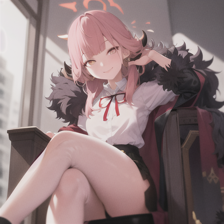 masterpiece, best quality, highres, 1girl, aru, bangs, white shirt, black skirt, fur trim, halo, smile, hands on own cheek, sitting, from below, arm chair, crossed legs, <lora:blue_archive_aru-v1:0.8>