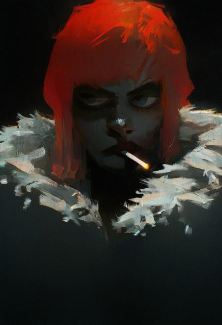 score_9, score_8_up, score_7_up, score_6_up, score_5_up, score_4_up, BREAK ,1girl,solo,digital painting,rating_explicit, smoking a cigarette, close-up portrait, red hair, fur coat, looking to the side, skeptical, noir, black background, high contrast, shadows, charcoal sketch