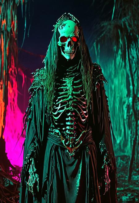 terrifying lich, skeletal, glowing eyes, drab cloth robe
in the style of the decaying empire of Wrstreich, dark magic and grotesque creatures abound, inspired by Sean Aaberg's punk aesthetic, dark fantasy world combines grim landscapes with vibrant, exaggerated neon colorful art, old 80's VHS dark fantasy, VHS screen grab, grainy, old footage
