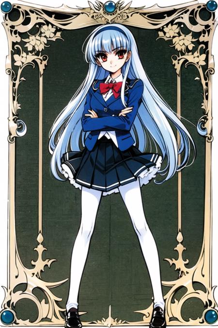 clamp,Magic Knight Rayearth,1girl,  (solo:1.3), pantyhose, long hair, school uniform, full body, skirt, simple background, shoes, white background, black pantyhose, hairband, looking at viewer, blue hair, loafers, pleated skirt, smile, brown eyes, crossed arms, bangs, standing, blush, long sleeves, breasts, jacket, red eyes, white background,, <lora:Magic knight Rayearth:0.8>