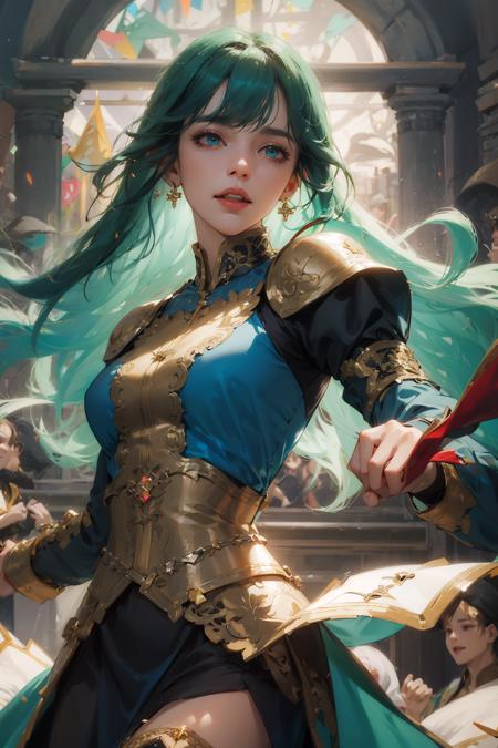 (absurdres, highres, ultra detailed), 1woman, mature female, aged up, wavy long hair, green hair, turquoise eyes, bangs, long sleeves, finely detailed eyes and detailed face, extremely detailed CG unity 8k wallpaper, intricate details,  looking at viewer, solo, (full body:0.6), detailed background, detailed face, (medieval high fantasy theme:1.1), medieval fantasy (bard:0.8), happy expression, dancing, dynamic pose, colorful ruffled clothes, music, joyful atmosphere, tavern, music, celebration, music emanating, floating musical notes, musical notes,    party, performance,, portrait