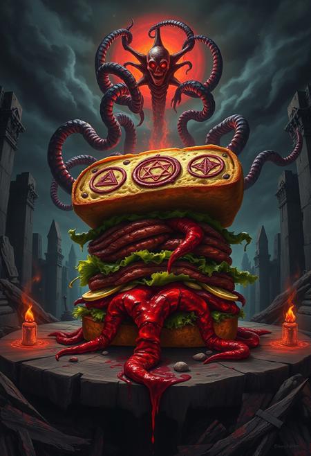 Lovecraftian horror, dark and twisted, eerie atmosphere, broodwich, ancient cursed sandwich, eldritch symbols, tentacles emerging, otherworldly glow, gothic ruins, ominous sky, dark shadows, cosmic horror, cursed artifact, unsettling presence, surreal, detailed textures, dark fantasy, horror elements, unsettling colors, grotesque, cursed object, blood-red meat, glowing sigils, incomprehensible terror, high resolution, ((masterpiece)), twisted humor