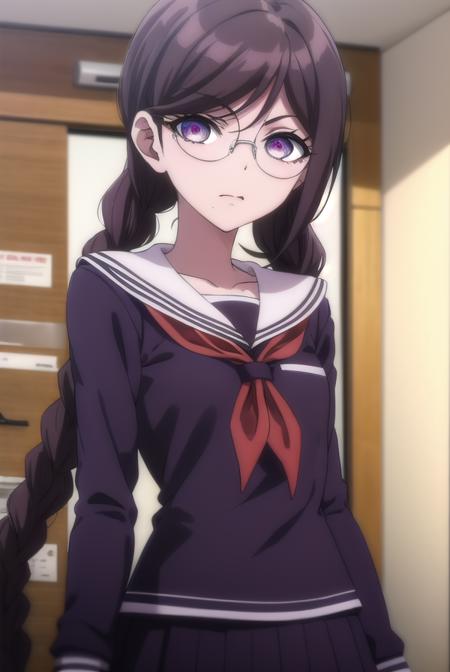 toukofukawa, <lora:touko fukawa s1-lora-nochekaiser:1>,
touko fukawa, long hair, bangs, brown hair, braid, glasses, mole, twin braids, mole under mouth, round eyewear, (brown eyes:1.3),
BREAK skirt, shirt, long sleeves, school uniform, serafuku, sailor collar, neckerchief, black shirt, red neckerchief,
BREAK indoors, classroom,
BREAK looking at viewer, (cowboy shot:1.5),
BREAK <lyco:GoodHands-beta2:1>, (masterpiece:1.2), best quality, high resolution, unity 8k wallpaper, (illustration:0.8), (beautiful detailed eyes:1.6), extremely detailed face, perfect lighting, extremely detailed CG, (perfect hands, perfect anatomy),