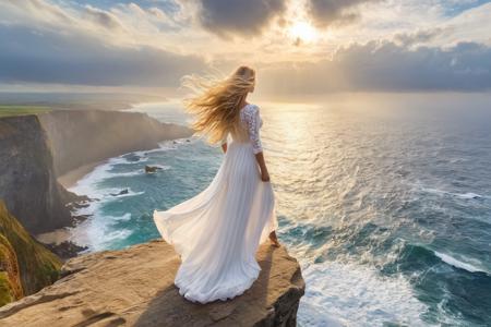 Watercolor painting masterpiece,4k,beautiful woman with long blonde hair stands on top of a cliff over the ocean,huge waves are crashing against the cliff,the sky is cloudy with rays of sunlight coming through,dramatic scene,wearing a flowing white dress that blows in the wind,hair and dress blowing in the wind,from below,wide shot, . Vibrant, beautiful, painterly, detailed, textural, artistic