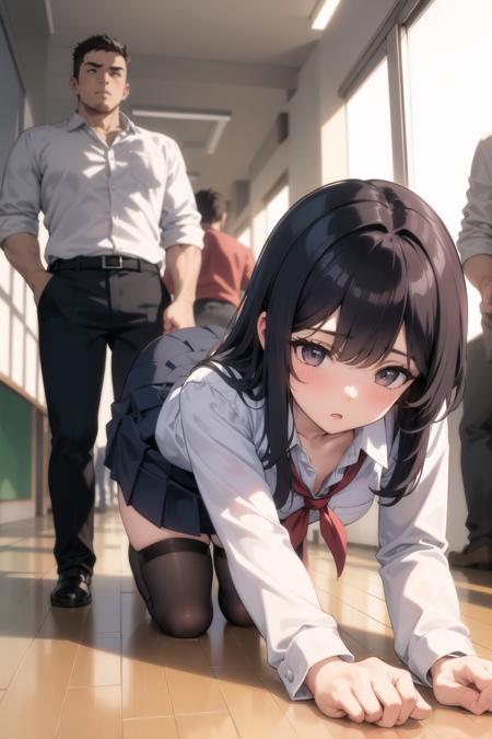 <lora:school_hallway_v0.1:1>
1girl, school hallway, school uniform, all fours, multiple boys, male school uniform,, masterpiece, best quality, highly detailed