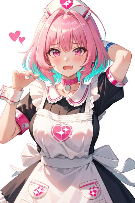 best quality, masterpiece, highres, solo, {yumemi_riamu_idolmastercinderellagirls:1.15}, pink_hair, multicolored_hair, two-tone_hair, bangs, blue_hair, pink_eyes, short_hair, ahoge, hair_intakes, blush, breasts, open_mouth, large_breasts, fang, heart, collarbone, jewelry, 1girl, choker, frills, hat, looking_at_viewer, nurse_cap, short_sleeves, white_background, wrist_cuffs, apron, dress, hair_between_eyes, puffy_short_sleeves, puffy_sleeves, simple_background, upper_body, white_apron, arm_up, armband, heart_print