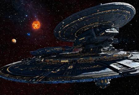 Photograph, advanced spaceship, machine of war, extremely highly detailed, overwhelming size, vastness of space, solar system and planet in the background, twilight imperium, dreadnaught