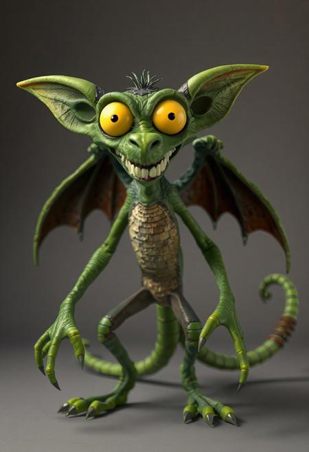 Clay Animation - a pixar style 3d animated green character called a jabberwock, angry, fierce, scary, big yellow eyes, wings, scales. long ears. long sharp teeth. at least ten feet tall with a simian like build, almost like a lemur. dancing, Its limbs are long and elongated and slender, 3 long fingers and claws. with a pointed end long tail ending, standing on two toes with a dewclaw/thumb. looking at camera over a simple background