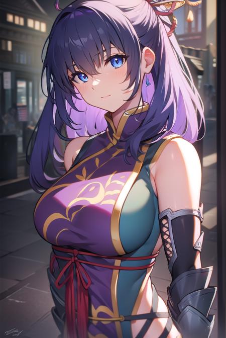 mao rixia, (purple eyes:1.1), purple hair, chinese clothes, gauntlets, mary janes, thighhighs,