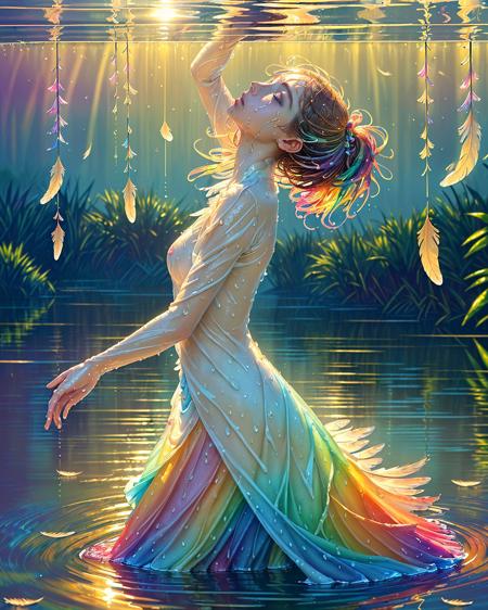 1Female, (masterpiece:1.2), best quality, multicolored, masterpiece, best quality, ((an extremely delicate and beautiful)), floating, (detailed wet clothes), (detailed light), feather, nature, (sunlight), river, floating palace, beautiful and delicate water, (bloom), (shine), colorful, dynamic vivid colors, panorama, landscape, Colorful portraits, dynamic lighting.