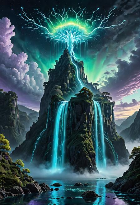 masterpiece, best quality, ultra-detail, extremely aesthetic, absurdres, high-quality, ethereal glow, mystical light, dreamlike atmosphere, otherworldly landscapes, subtle magic, translucent effects, shimmering particles, soft diffused lighting, cinematic composition, grand scale, expansive landscape, layered visuals, atmospheric depth, subtle atmospheric perspective in background,
A majestic, fantasy landscape digital painting of bioluminescent floating islands. **Color palette: Sky blues, misty greys, lush greens, soft golden and white bioluminescence, distant purple haze.** **Style: Grand, majestic, fantastical, serene, dreamlike, digital painting, atmospheric.** Verdant floating islands drift through a sky filled with glowing clouds. Waterfalls cascade into the abyss, their mist shimmering with bioluminescent particles. Strange, luminous flora blooms on the cliff edges, creating a serene and breathtaking airborne wonderland.






