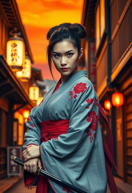 photography, depicting a fierce japanese female warrior in a traditional Japanese setting. The subject, a japanese woman with fair skin and an athletic physique, stands confidently in the foreground. She has a determined expression with sharp, piercing eyes. Her hair is dark brown, styled in an updo with loose strands framing her face. She is dressed in a grey kimono adorned with red floral patterns and a wide red belt tied around her waist. The kimono's sleeves are long and flowing, with a hint of red at the edges. She wields a katana in her right hand, held close to her side with a firm grip, indicating readiness for combat. The background showcases a bustling, narrow street in a Japanese city, illuminated by the warm, orange glow of streetlights and lanterns. The buildings on either side have traditional wooden facades with sliding paper screens, creating a sense of depth and perspective. The sky is a vivid orange, suggesting either sunset or the artificial lighting of a cityscape. The overall mood is intense and dynamic, capturing the essence of a warrior ready to defend her homeland.