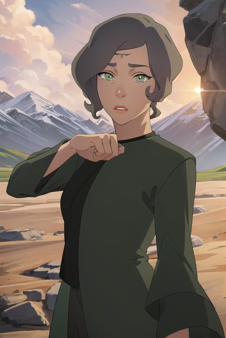 avatarsuyin, <lora:avatar suyin-lora-nochekaiser:1>,
suyin, short hair, grey hair, (green eyes:1.5), dark skin, dark-skinned female,
BREAK robe, long sleeves, dress, black dress,
BREAK outdoors, forest, nature, grass, trees, sun, sky, clouds,
BREAK looking at viewer, (cowboy shot:1.5),
BREAK <lyco:GoodHands-beta2:1>, (masterpiece:1.2), best quality, high resolution, unity 8k wallpaper, (illustration:0.8), (beautiful detailed eyes:1.6), extremely detailed face, perfect lighting, extremely detailed CG, (perfect hands, perfect anatomy),