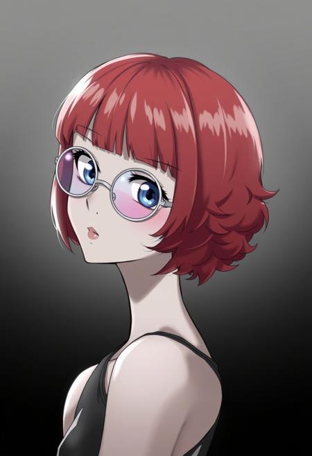 light from front, 1girl, solo,short hair,curly hair,looking at viewer, bangs, blue eyes, simple background, shirt,red hair,bare shoulders, monochrome, upper body, parted lips, glasses, sleeveless, blunt bangs, mole, lips,looking to the side, gradient background, eyelashes, mole under lip, sleeveless shirt, makeup,sunglasses, lipstick, portrait, close-up, pink lips, round eyewear, limited palette, tinted eyewear,looking over eyewear, white-framed eyewear,light blue-tinted eyewear, pink-tinted eyewear,