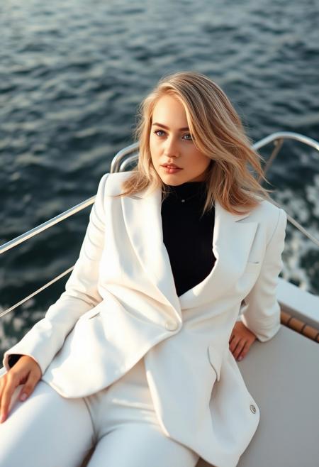 instagram photo high quality, close up of short height scandinavian sexy cute blonde 20yo girl, hazel grey eyes, laying back body facing up, white blazer white pants black sweater, in yacht with lake background
