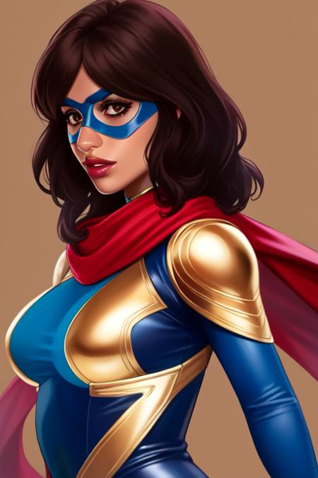 Khamala, brown eyes, dark brown hair,lips, standing,   close up,  upper body, 
KhanSuit,blue domino mask, red scarf,  tight red and blue bodysuit with gold trim, blue footwear, gold bangle, 
 (insanely detailed, beautiful detailed face, masterpiece, best quality)    <lora:Khamalakhan-10:0.7>