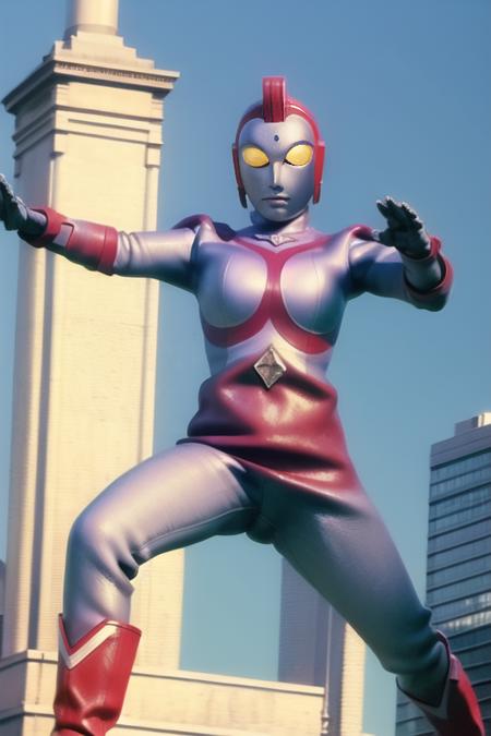 Best quality, masterpiece,
1girl, <lora:Yullian:0.8>, boots, colored_skin, full_body, helmet, pilot_suit, realistic, superhero, ultraman, white_bodysuit, yellow_eyes, solo, 
a giant in city, blue sky background, fighting stance, closed mouth,