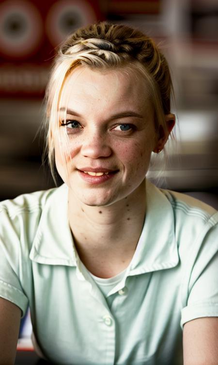 portrait photo of amysmart working as a waitress in a diner, (masterpiece), (best quality), (detailed), (8k), (HDR), (wallpaper), (cinematic lighting), (sharp focus), (intricate), (closeup)