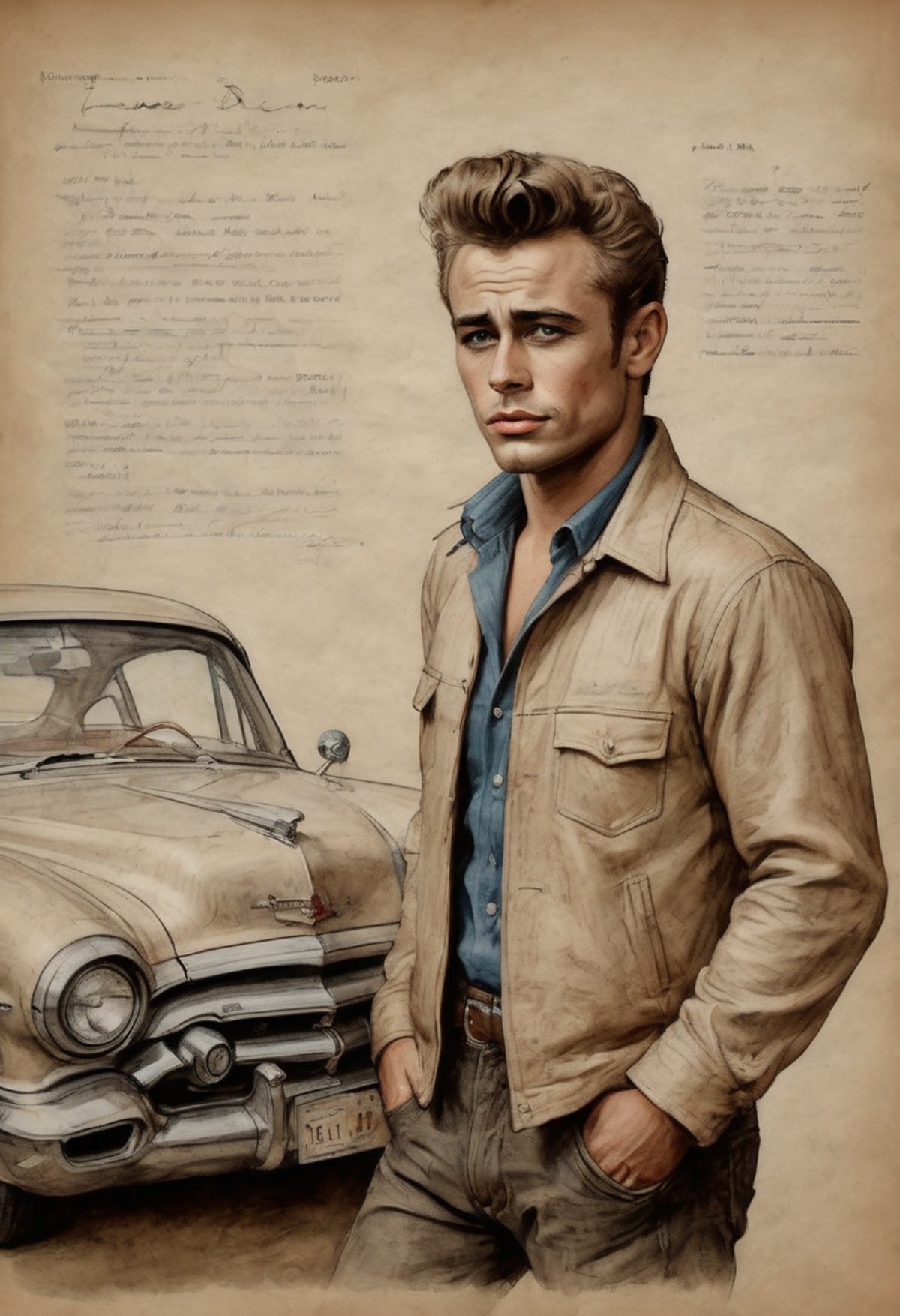 on parchment portrait of James Dean as a car salesman trying to interest you in a used pontiac
