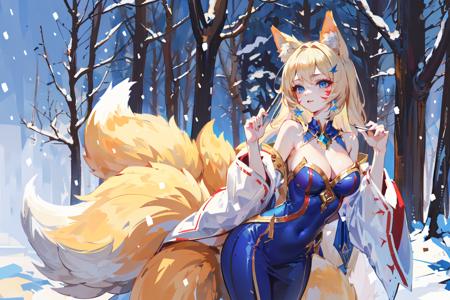 (masterpiece:1.2), best quality,PIXIV,impasto, style by snitt,
1girl, ahri (league of legends), tail, animal ears, fox ears, fox tail, multiple tails, long hair, solo, breasts, bare shoulders, facial mark, blonde hair, whisker markings, snow, cleavage, blue eyes, official alternate costume, fox girl, tree
<lora:style by snitt_20231103102242-000018:0.8>