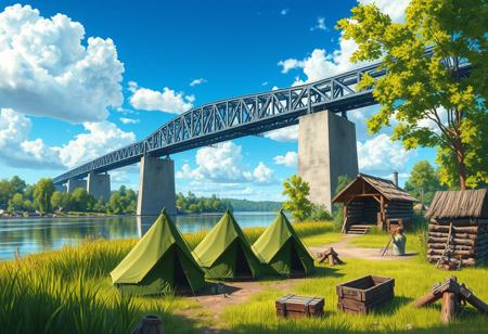 A vibrant, detailed digital painting captures a peaceful outdoor scene. A massive, industrial steel truss bridge stretches across the middle, supported by hefty concrete pillars. Below, a chill river mirrors the bright blue sky and fluffy clouds above. The riverbank is lush with tall, green grasses and trees, adding to the natural vibe.
Up front, there's a campsite with several military-style green tents, showing off a rugged outdoor life. To the right, a wooden structure, maybe a small cabin or shelter, is built with logs and has a thatched roof. Scattered around are wooden crates, camping gear, and a small fire pit, hinting at a recent campfire. The lighting is bright and sunny, casting soft shadows and making the greens pop. The camera angle is straight-on, giving a clear view of the scene, with a slight tilt upwards to show off the bridge and sky. The whole scene screams tranquility and adventure.