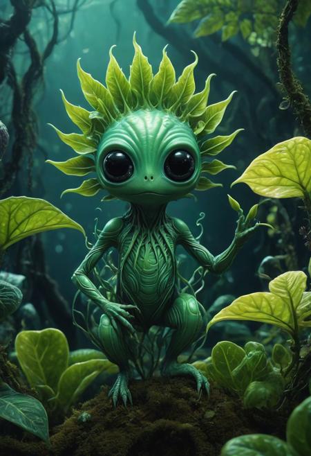 in the style of tim burton depicting a strange and cute alien plant very detailed, 4k masterpiece, uhd