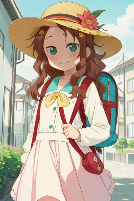 best quality, masterpiece, highres, solo, {riko_saikawa_kobayashisanchinomaidragon:1.15}, brown_hair, blush, long_hair, green_eyes, hair_ornament, flower, hair_flower, backpack, bag, hat, randoseru, school_hat, smile, day, outdoors, 1girl, yellow_headwear