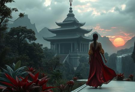 professional cgi render, toy look, hint of detailed cartoon, landscape, view of a old sci-fi tempel of the blood god in a huge sci-fi city. lush ueropian plants, huge trees, blood river and blood waterfall in the distance. blood rain, The air is thick with radioactive dust and green glowing particles drifting through a dim, stormy atmosphere. In the distance, rocky mountains silhouetted against a clouded red and dramatic sunset. a asian woman in a long blood dress walking on a white walkway, back-shot, The contrast between the green plants, the high-tech buildings and red blood, highlights a haunting beauty. Fine mist and dust particles. Low-angle, cinematic, emotionally charged and banging, Ultra high-resolution, 32k anime rendering, UHD, shallow depth of field, contrastfull color grading, textured details.