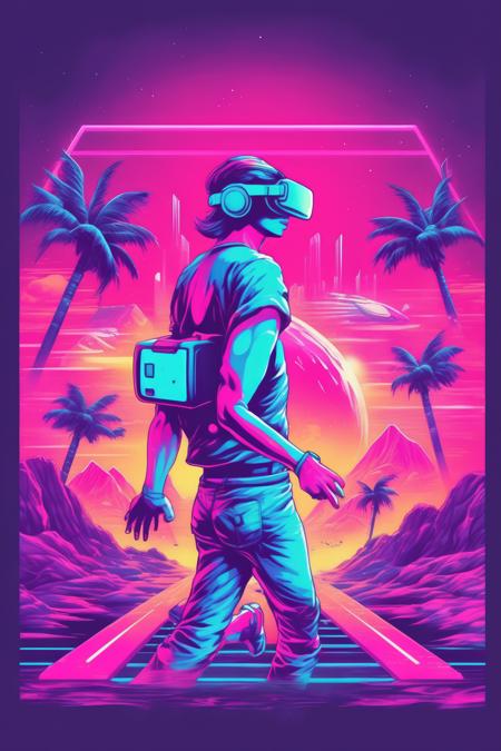 <lora:Synthwave T-shirt:1>Synthwave T-shirt - Design a t-shirt that captures the immersive and futuristic world of virtual reality gaming. Include elements like VR headsets, futuristic landscapes, and dynamic action poses to convey the excitement of VR gaming.