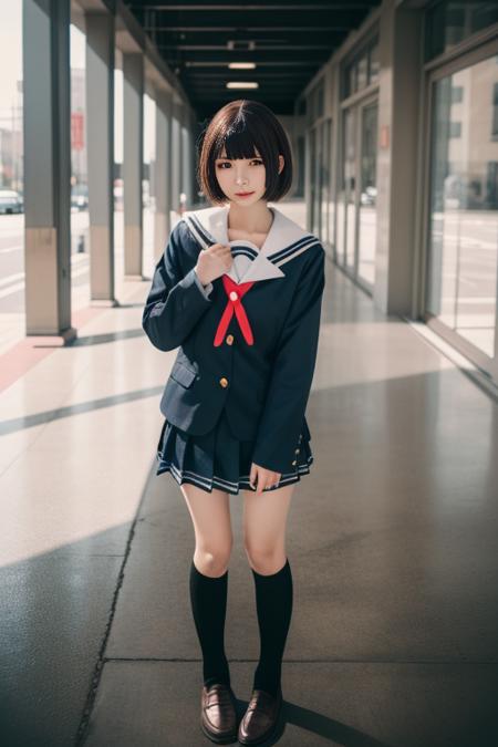 ultra-detailed,highly detailed,best quality,masterpiece,illustration,
kato megumi,1girl, school uniform, katou megumi, solo, cosplay, 
short hair, bob cut, jacket, blunt bangs,
serafuku,socks, loafers,sailor dress,neck ribbon, long sleeves,
looking at viewer,full body, 
<lora:kato megumi_uni_v1_02:0.7>