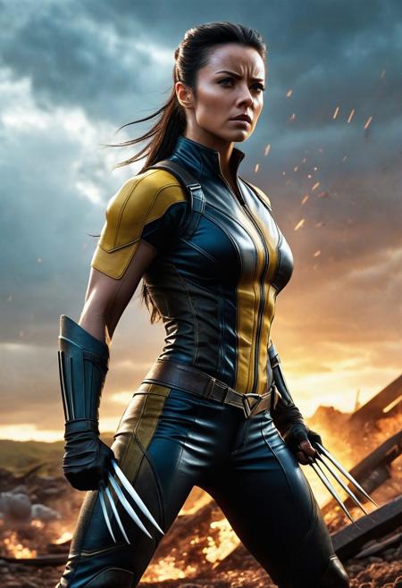 High resolution ultra-realistic of Beautiful Wolverine/Logan vs Laura Kinney/X-23, cinematic lighting, Marvel style, Wolverine and X-23 stand side by side in battle pose on a bloody and stormy battlefield, 8k, realistic modern Wolverine X-Men yellow and black combat costume, gazing straight ahead, dirty face, full body, ultra realistic, cinematic style, athletic figure, day lighting, sharp focus, digital painting, Photograph Taken on Nikon D750, Alphonse Mucha, Hyperdetailed, hyperrealism, aesthetics reminiscent of X-Men, Attractive, asymmetric balance