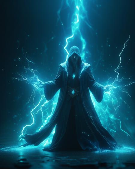 stablishing shot,powerful wizard,deep cyan and dark Color Scheme,cinematic, ethereal glow,lightning sparkles,fluid shapes,evocative,High Resolution