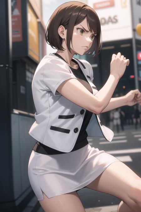 saeko, white jacket, t-shirt, black undershirt, white skirt