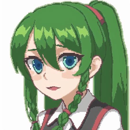 <lora:hcnone:1>, hcnone,  pixel art,

1girl, bangs, black gloves, black ribbon, black serafuku, blue eyes, braid, elbow gloves, gloves, green hair, green neckerchief, hair between eyes, hair flaps, hair ribbon, neckerchief, parted bangs, ponytail, ribbon, school uniform, serafuku, side braids, sidelocks, solo, twin braids, upper body, wrist cuffs