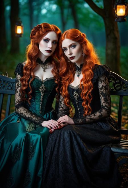 2girls, A captivating, cinematic night time photo of two elegant beautiful goth vampire women sitting on a park bench, happy, hands on lap, age 50 and 40, with long curly orange hair and freckles, full body view. Both are dressed in an exquisite, blood red and royal blue and jet black and emerald green Victorian dresses adorned with intricate lace and silver thread patterns. Their long orange hair flows elegantly, and their eyes are a striking shade of green. Matching slippers enhances their look. The background is a mystical, moonlit forest, dark shadows and glowing lanterns, mist, creating an atmosphere of supernatural enchantment., DarkFantasy, photo, cinematic,