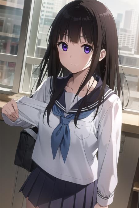 eruchitanda, <lora:eru chitanda s1-lora-nochekaiser:1>,
eru chitanda, long hair, black hair, bangs, blunt bangs, (purple eyes:1.1), sidelocks, smile,
BREAK skirt, school uniform, serafuku, kamiyama high school uniform \(hyouka\), black skirt, long sleeves, black sailor collar,
BREAK indoors, classroom,
BREAK looking at viewer, (cowboy shot:1.5),
BREAK <lyco:GoodHands-beta2:1>, (masterpiece:1.2), best quality, high resolution, unity 8k wallpaper, (illustration:0.8), (beautiful detailed eyes:1.6), extremely detailed face, perfect lighting, extremely detailed CG, (perfect hands, perfect anatomy),