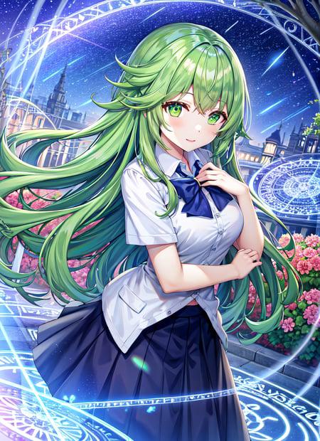 torino aqua, highres, 1girl,standing, green eyes, green hair, school uniform, long hair, straight hair, light smile, medium breasts, (magic circle:1.25), park, tree, flowers, night, shooting star, starry sky, galaxy, hand on own chest,  <lora:torinoAquaStyleLora_v1:0.6>