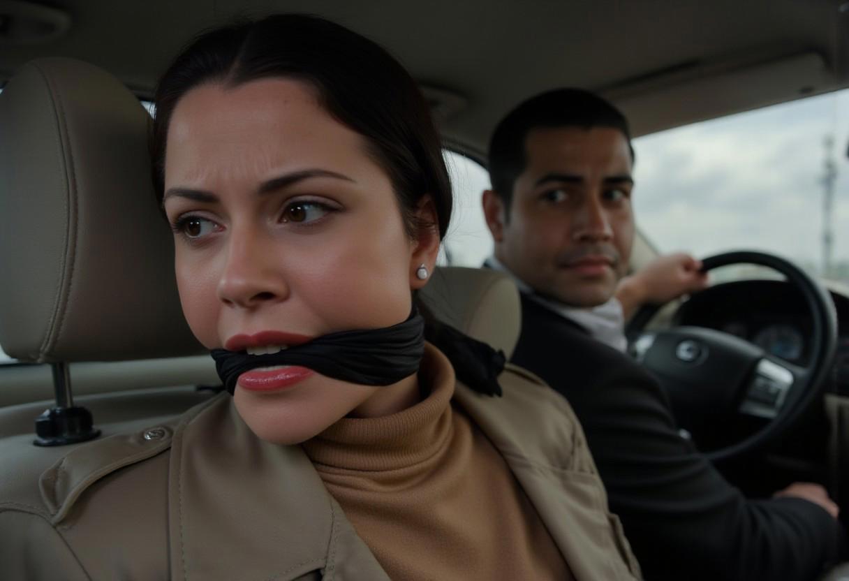 masterpiece, 8k, professional photography, cinematic shot,
foreground : A stunning 20yo turkish woman dressed in a khaki coat and a beige turtleneck sweater, sitting in the passenger seat of a car, subtle makeup, eyeliner, dark eyes, black hair, earrings, (arms behind back:1.3), (hands hidden behind her back),
((gagged)), ((black c1eavegag)), ((struggling)), 
background : a man driving the car