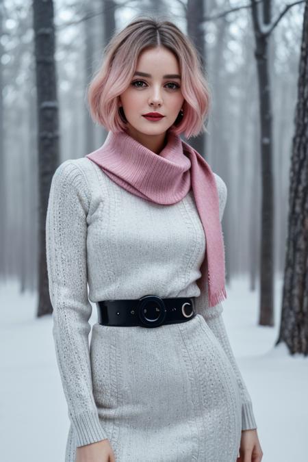 photo of a woman, ellahunt-3029:0.99, ((pale skin)), ((short hair, pink hair))((turtleneck sweater dress, scarf, leggings):1.2),((cowboy shot, waist, hips, thighs):1.2),((outdoors, snow, forest):1.2),,((red lipstick, eyeliner, eye shadow, blush):1.2), ((best quality, masterpiece, extreme details, high resolution):1.2),((detailed eyes, beautiful eyes, detailed face, beautiful face):1.2)