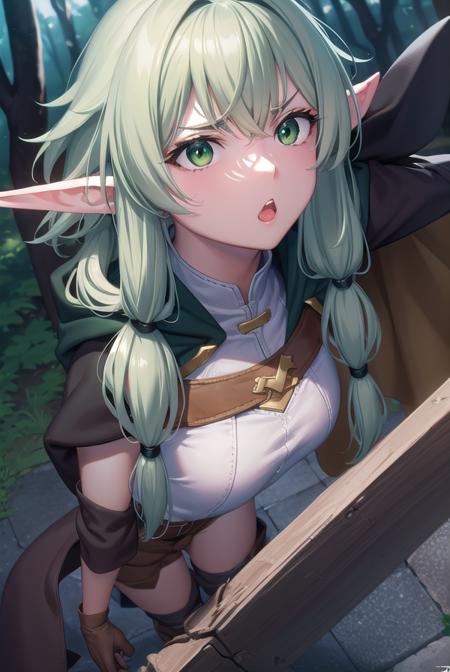 highelfarcher, <lora:highelfarcher-lora-nochekaiser:1>, 
high elf archer, elf, (green eyes:1.5), green hair, hair between eyes, long hair, pointy ears, sidelocks, (flat chest:1.2), <lora:doyagao_v080:1>, <lora:talkmouth_U_v100:1>, open mouth,
BREAK asymmetrical clothes, boots, cloak, elf, gloves, green thighhighs, high heels, shorts, thighhighs,
BREAK looking at viewer,
BREAK outdoors, nature, forest,
BREAK <lyco:GoodHands-beta2:1>, (masterpiece:1.2), best quality, high resolution, unity 8k wallpaper, (illustration:0.8), (beautiful detailed eyes:1.6), extremely detailed face, perfect lighting, extremely detailed CG, (perfect hands, perfect anatomy),