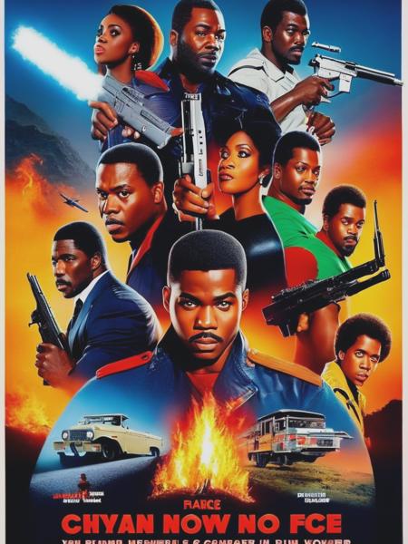 <lyco:MoviePoster:1.0> A flyer for nollywood B-movies Including fake weapons, explosions, fire. with a nostalgic effect, it should look like a vintage Nollywood movie poster of the 80s and 90s. The image should give the impression of craziness, fun and humor, with strong contrasts to recall the over-the-top atmosphere of Nollywood movies. Leave some space for a text to be add