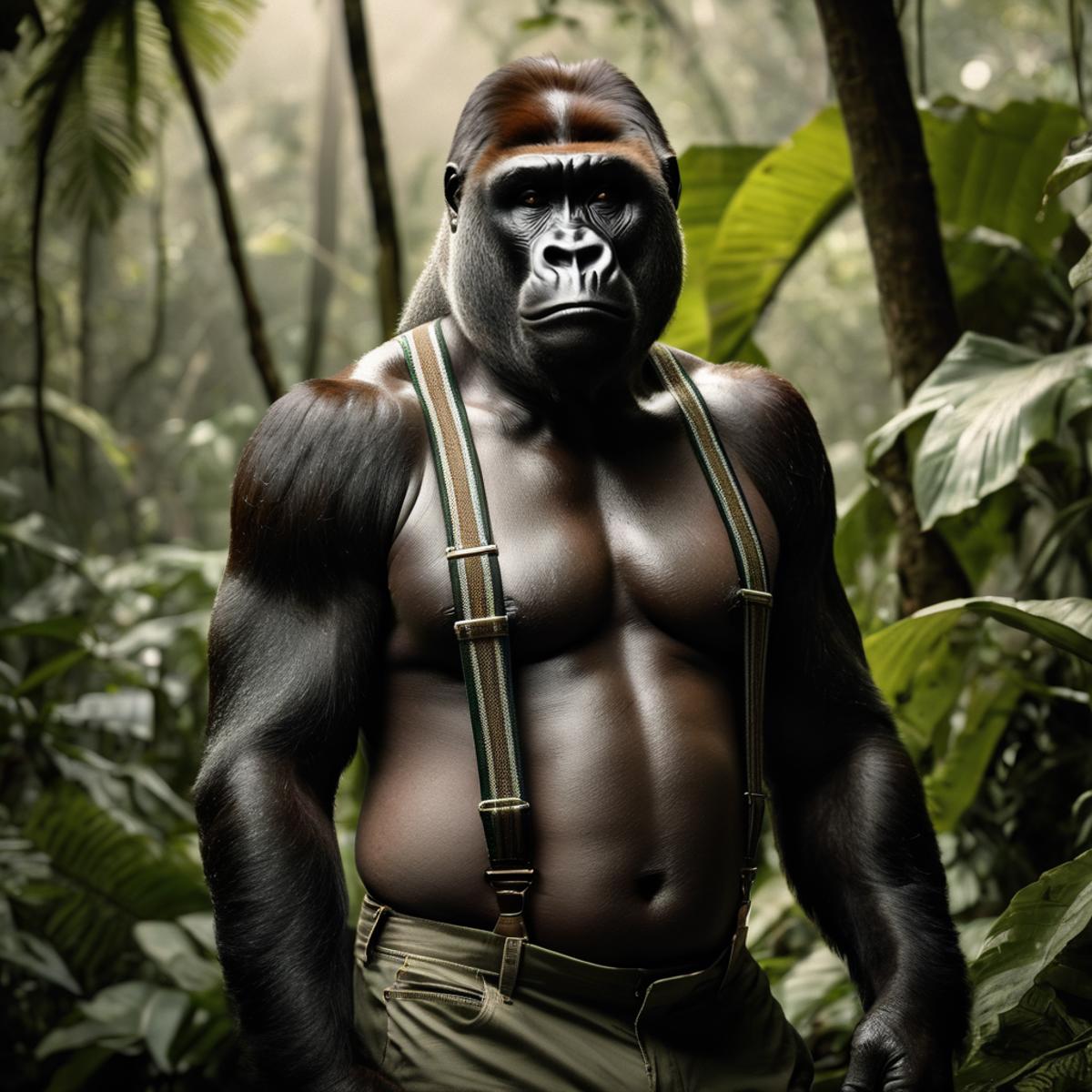 The muscular gorilla in the jungle wearing a suspenders.
