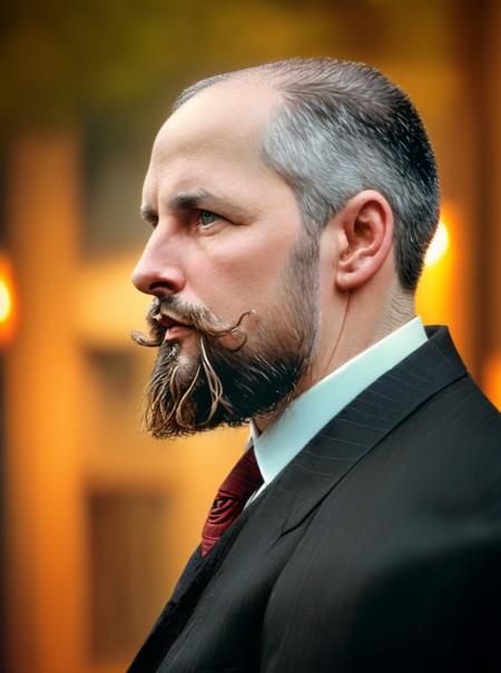 pastolypin, man with beard, (from side:1.1), (profile photo:1.4), balding, high quality, dslr, soft lighting, film grain, bokeh <lora:pastolypin:1>