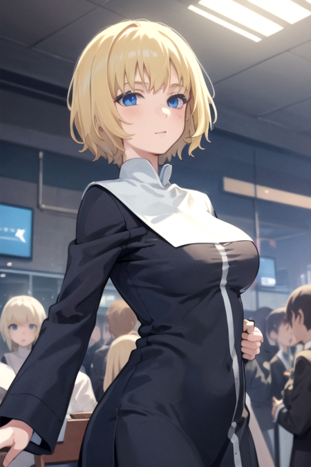 OrsolaAquinas, 1girl, solo, short hair, blue eyes, blonde hair, long sleeves, black dress, medium breasts, nun, habit