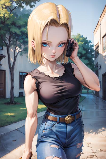 masterpiece, best quality, ultra-detailed, absurdres, Potrait of beautiful Android18DB, solo, denim, breasts, belt, medium_breasts, outdoors, torn_clothes, volumetric lighting, best quality, masterpiece, intricate details, tonemapping, sharp focus, hyper detailed, trending on Artstation, <lora:Android18DB:1>