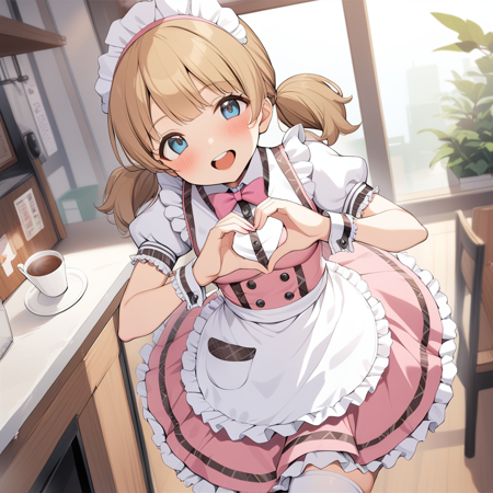 1girl, suou momoko, pritty-waitress, pink skirt, hands up, low twintails, blush, thighhighs, smile, blue eyes, :d, cowboy shot, short hair, heart hands, short twintails, white legwear, teeth, round teeth, heart, twintails, open mouth, frilled cuffs, frilled skirt, head tilt, medium hair, maid headdress, eyebrows visible through hair, pocket, buttons, zettai ryouiki, short sleeves, pink neckwear, small breasts, name tag, wrist cuffs, looking at viewer, light brown hair, blonde hair, waitress, pink bow, brown hair, standing, long hair, puffy sleeves, maid, upper teeth, pink dress, frilled dress, white shirt, collared shirt, puffy short sleeves, waist apron, frilled apron, maid apron, white apron, pink bowtie, cafe, indoors, masterpiece, best quality <lora:suou_momoko_sdxl_v1:0.7>