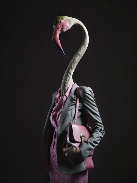 <lora:AnimalClothes:1>a flamingo wearing a suit and holding a purse